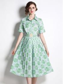 Summer New Lapel Short Sleeve High Waist Slim Fashion Print Dress