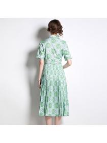 Summer New Lapel Short Sleeve High Waist Slim Fashion Print Dress