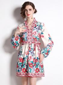 New style fashion Floral V-neck long-sleeved slim dress