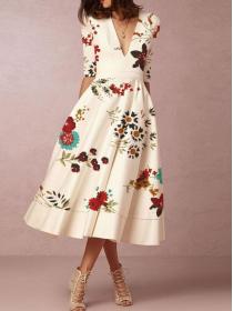 Casual Fashion Print High waist V-Neck Dress