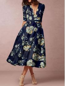 Casual Fashion Print High waist V-Neck Dress