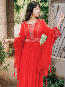 Vintage style red long Maxi travel beach Maxi dress for women