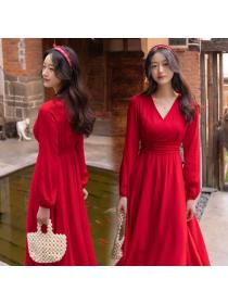 New style Red long-sleeved dress Maxi dress for women