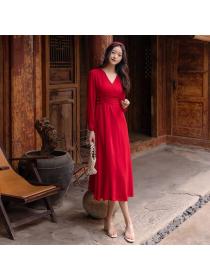 New style Red long-sleeved dress Maxi dress for women