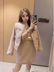 Winter style Korean style beaded diamond tweed top + skirt