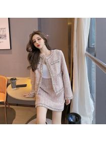 Winter style Korean style beaded diamond tweed top + skirt