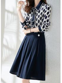 Versatile slim printed lapel shirt  elegant temperament skirt two-piece set