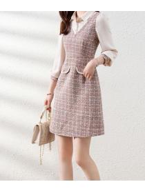 Korean Style Grid Printing Show Waist Dress