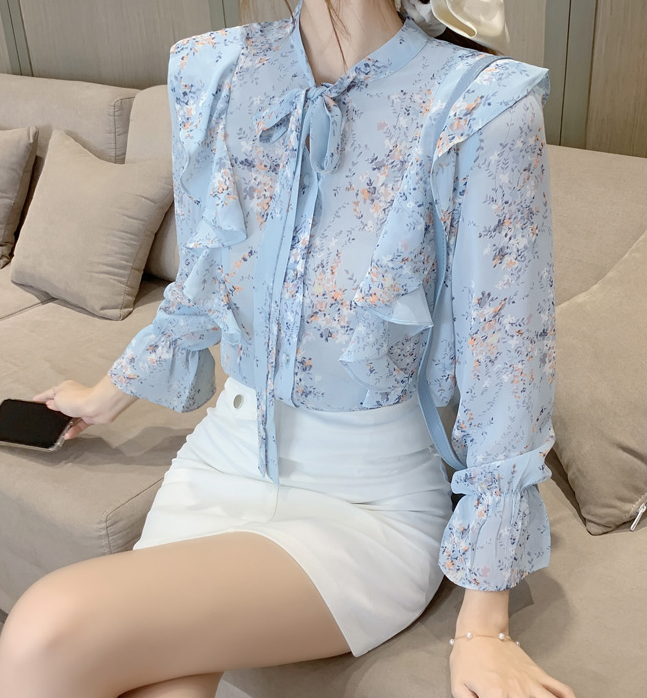 women's ruffled floral bow chiffon shirt