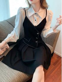 Autumn new women's autumn slim black fake two-piece shirt dress