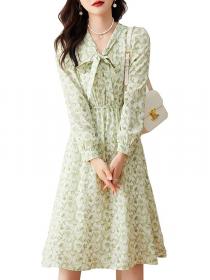 Autumn new floral dress women's long-sleeved temperament elegant chiffon dress