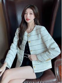 Autumn new high-end cashmere striped Tweed short coat