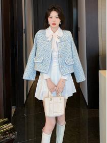 Fashion high-end tweed coat light blue Ladies top