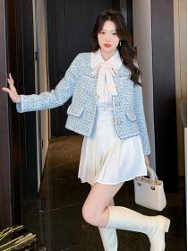 Fashion high-end tweed coat light blue Ladies top