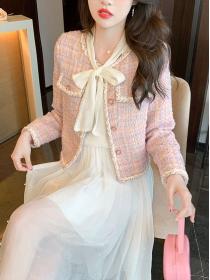 Autumn pink temperament plaid weave tweed short coat