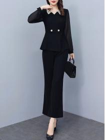Korean-style plus size women's suits fashion casual high-end slim tops+wide-leg pants