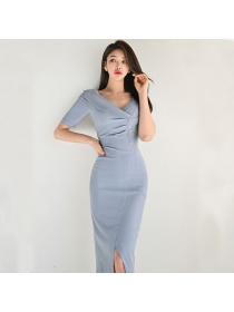 Autumn new Korean style fashion pleated split mid-length dress