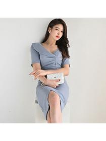 Autumn new Korean style fashion pleated split mid-length dress