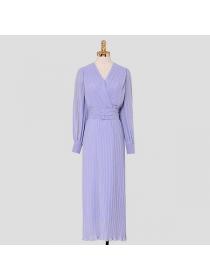 Autumn women's new temperament purple lantern sleeves Slim chiffon long dress