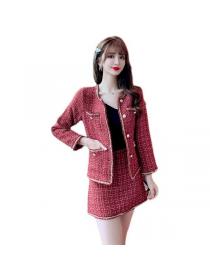 Ladies tweed red high-end Two pieces set temperament short coat