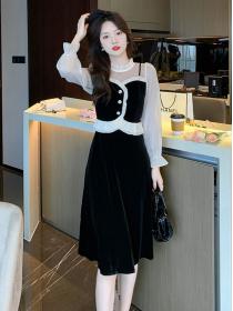 New style temperament black dress round neck mesh velvet dress