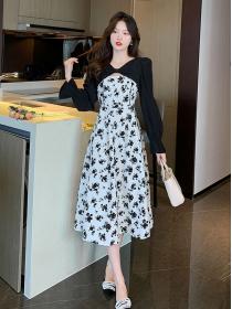 New style temperament thin fake two-piece long-sleeved floral dress