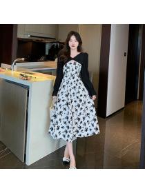 New style temperament thin fake two-piece long-sleeved floral dress