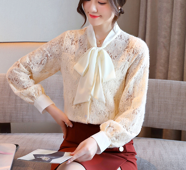 Bow Tie Balloon Sleeve Lace Shirt