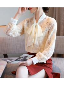 Bow Tie Balloon Sleeve Lace Shirt