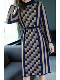 New Style Loose Grid   Printing Knitting Dress 