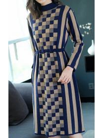 New Style Loose Grid   Printing Knitting Dress 