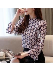 stand-neck ruffled flared-sleeve top