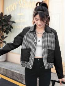 Korean style casual short pu leather jacket matching plaid jacket