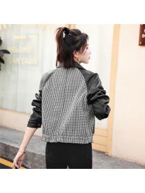 Korean style casual short pu leather jacket matching plaid jacket