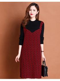 On Sale Color Matching Show Waist Knitting  Dress