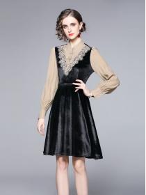 Autumn new V lace stand collar large swing A-line black dress