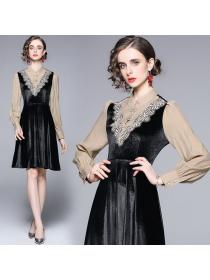 Autumn new V lace stand collar large swing A-line black dress 