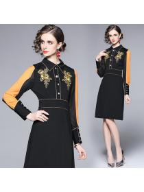 European style shirt dress women's long-sleeved embroidered mid-length dress