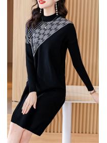 New Style Batwing Sleeve Color Matching Knitting Dress 