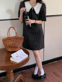 Korean style lady matching Tweed dress short sleeve dress