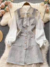 Autumn temperament bow tie long-sleeved white shirt + plaid tweed dress