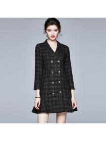 Vintage style Tweed Double Breasted Plaid Dress