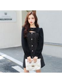 Fashion temperament black long-sleeved tweed dress