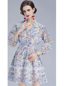  V  Collars Lace Hollow  Out Printing Dress 
