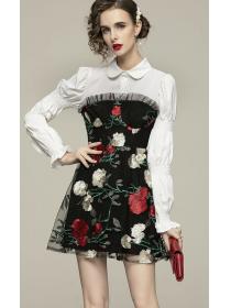 Doll Collars Flower Printing Show Waist Dress