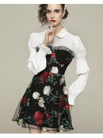 Doll Collars Flower Printing Show Waist Dress