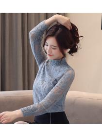 women's stand collar hollow long sleeve lace shirt