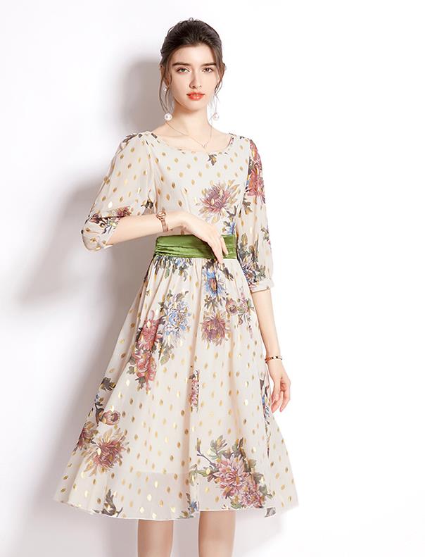 On Sale Printing Show Waist Chiffon Dress