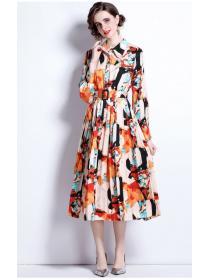 On Sale Printing Show Waist Chiffon Dress 