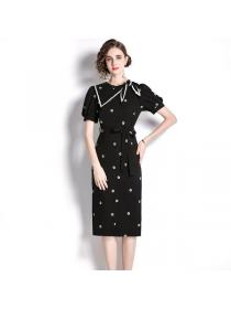 New style women's bow tie slim fit embroidered dress